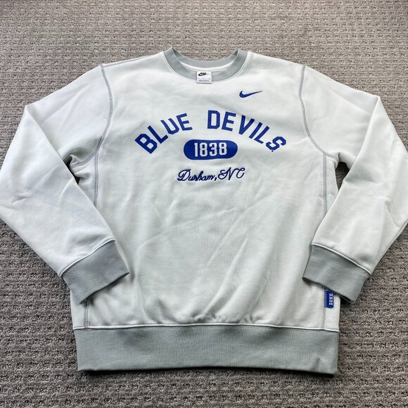 Nike Blue Devils NC 1838 Crew Neck Sweater Men Small S White Spell Out Swoosh - Picture 1 of 11